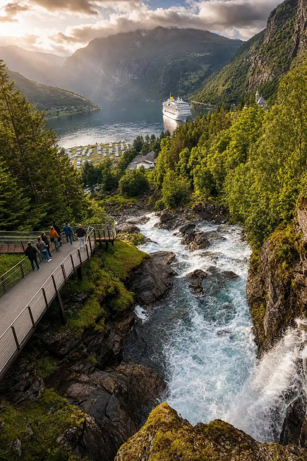 Cruise ship in narrow fjord with white water and forest
