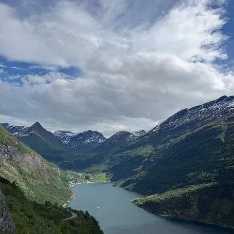 The Geirangerfjord and Geiranger village seen from the mountain road above