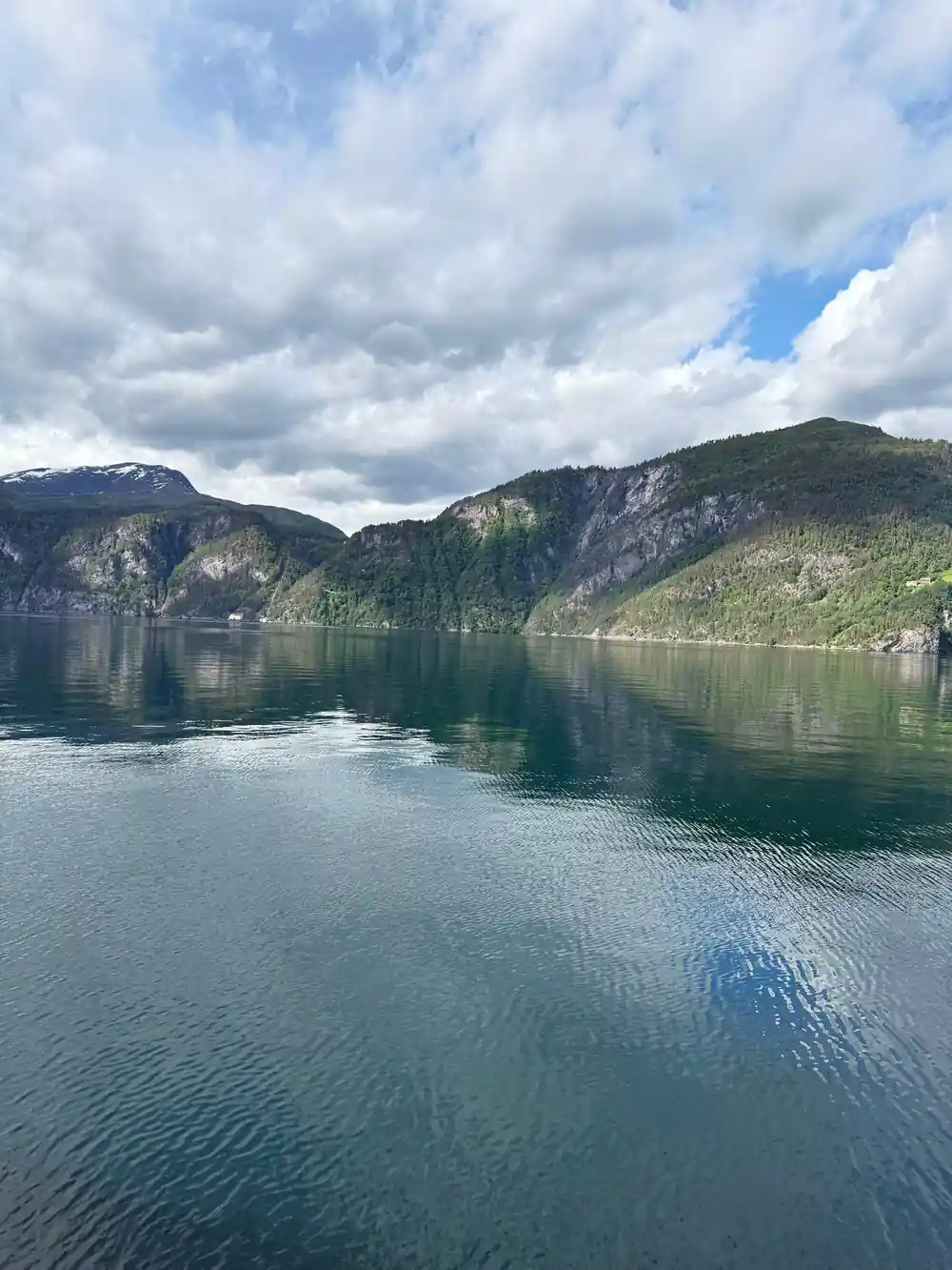 Still lake surrounded by steep forested mountains