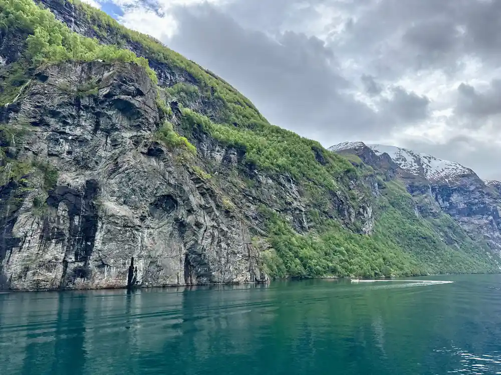 Steep forested cliffs rising from turquoise fjord water